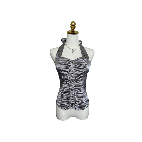 Body Central Tops - Silver Satin Ruched Halter Top Smocked Back Y2K Grey Party Blouse